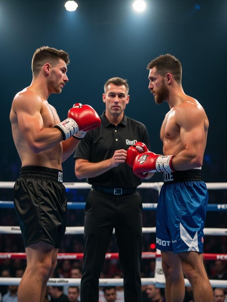 Boxing match in its initial stage. Two fighters squared off with a referee between them. Fighters wear red gloves. Ring shows blue and red accents. Background has an audience. The atmosphere is intense just before the fight begins.