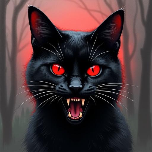 A fierce black cat with glowing red eyes sharp teeth. Surrounding eerily blurred trees with a red hue in the background. Vivid celestial ink painting style for dramatic effect.