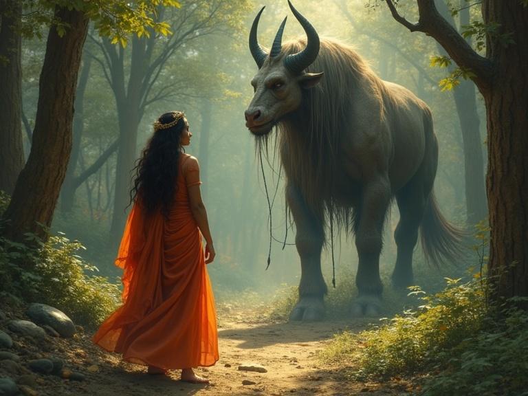 A beautiful princess named Ashokasundari wanders in a forest. A healthy demon named Hunda appears before her. The scene is enchanting, showcasing a dramatic interaction between beauty and deception in a mystical setting.