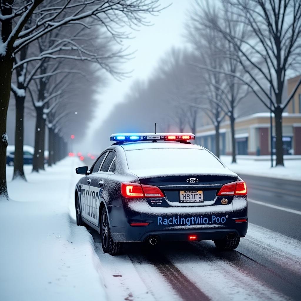 Police car parked on a snowy street. Snow covers the car. Blue and red lights are flashing. Trees are lined along the road. Seasonal winter setting.