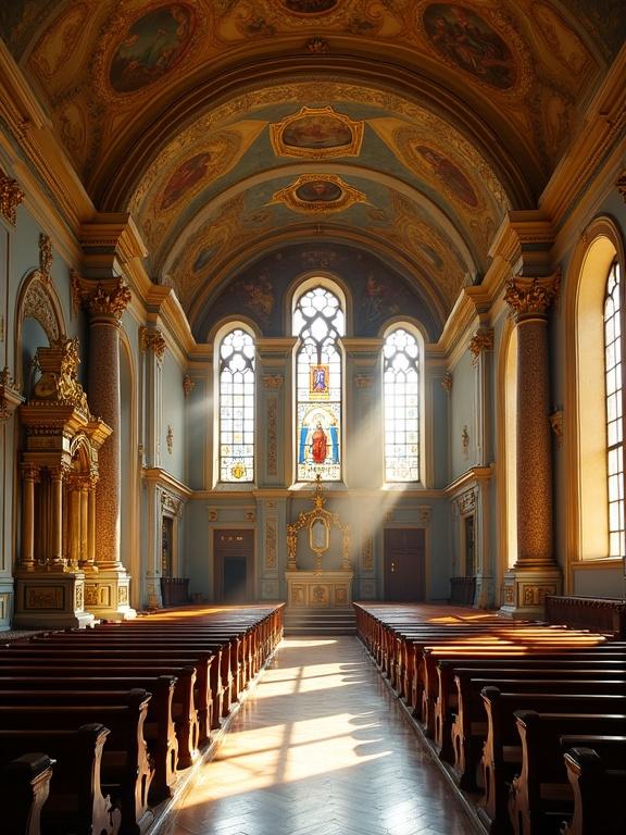 Interior of Baroque-style St. Anastasia Church in Samobor with golden light. Stained glass windows create a spiritual glow. Ornate gilded altars and elaborate frescoes decorate the space. Carved wooden pews enhance the atmosphere. The ceiling displays biblical scenes and angelic motifs. Incense lingers in silence with echoes of distant bells.