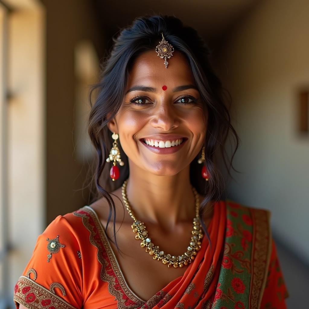 The image features an Indian woman adorned in traditional attire. She is wearing a vibrant orange saree, intricately designed along the edges. Her hairstyle is elegantly styled, complementing her overall look. The woman has a radiant smile that conveys joy and warmth. She accessorizes with beautiful jewelry, including earrings and a necklace, which enhance her traditional appearance. The soft lighting creates a welcoming atmosphere within the setting.