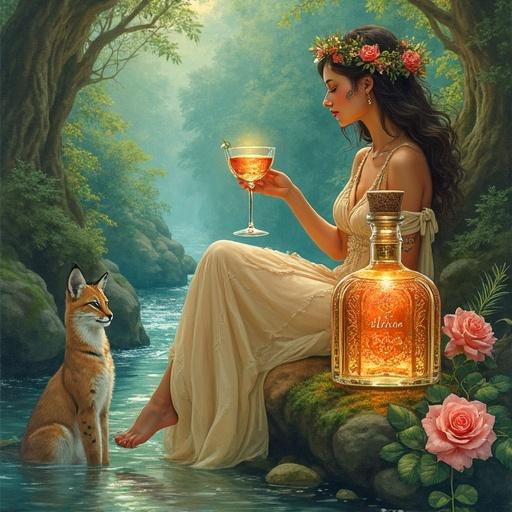 A watercolor painting of a woodland goddess in a floral gown. She reclines in a grotto with a glass of elixir. Nearby is a shimmering bottle of liqueur. A lynx observes the scene. Soft greens and golds create a tranquil atmosphere.
