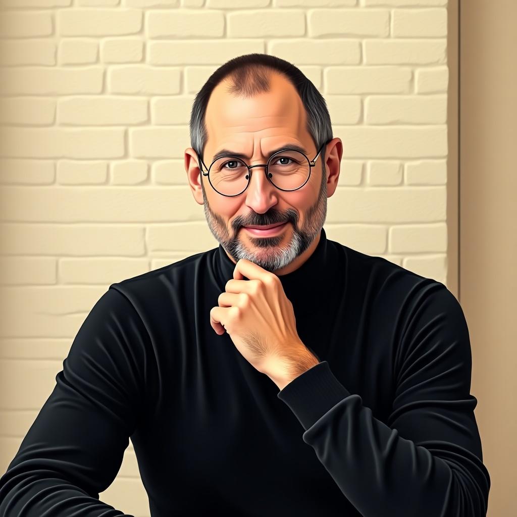 Illustration of a man wearing a black turtleneck sweater and round glasses. The man has a neatly groomed beard and short hair with a receding hairline. The background is a textured beige wall with soft natural lighting. The man is posed thoughtfully with his hand on his chin, looking directly at the viewer.