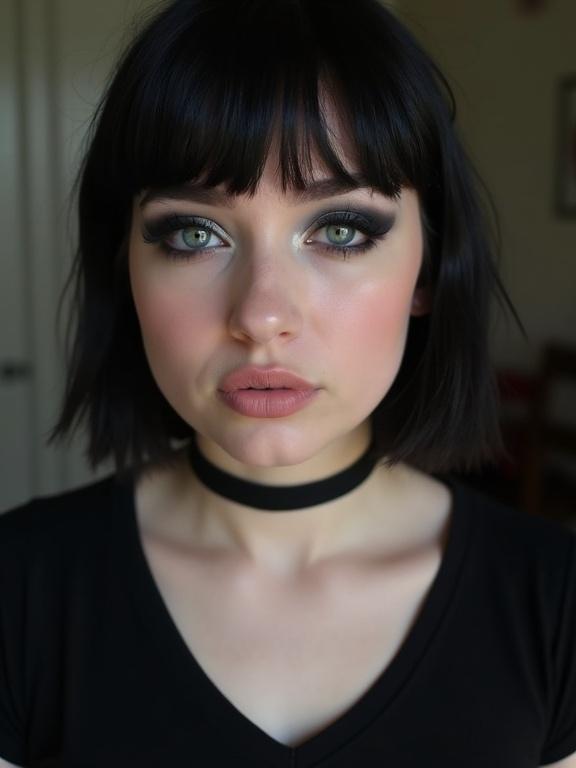 A young woman with black hair poses happily while wearing a choker and a black v-neck t-shirt. This close-up emphasizes her makeup style. She has dark eyeshadow. Her expression is playful. The photo is captured in soft natural light.