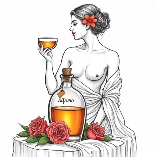Line art of a nude goddess offering a toast with a cocktail glass. She wears a translucent wrap, has a flower in her hair, and golden-reddish lips. An apothecary bottle labeled 'ALFRUNO' sits nearby surrounded by roses and herbs.