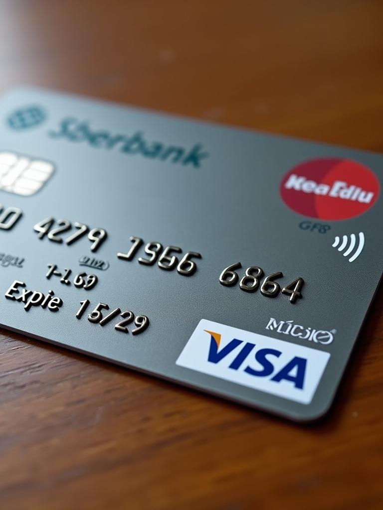 Realistic image of a credit card featuring Visa and Sberbank logos. Card number visible with name and expiry date displayed. Background is a wooden table.