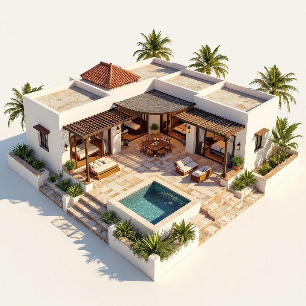 3D rendering of a spacious traditional Mexican hacienda-style single-story house on a rectangular lot. House includes open central patio with a circular shade canopy. Features four bedrooms with ensuite bathrooms, rustic design elements, and a two-car garage. Surrounded by landscaped gardens, viewed from an aerial perspective.