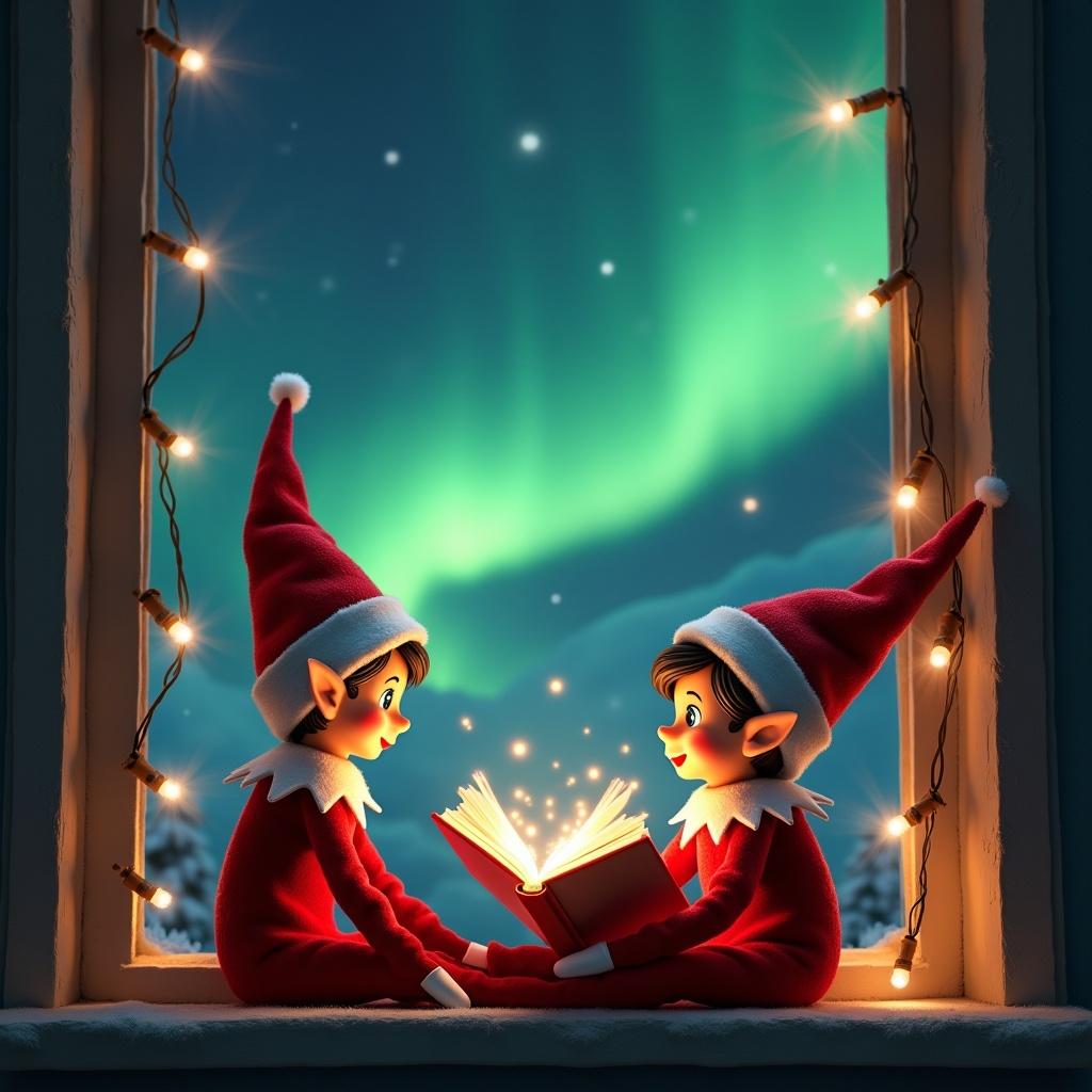 This enchanting image depicts two cheerful elves on the shelf, dressed in iconic red outfits with pointy hats, sitting by a window. They are engrossed in a book illuminated by a soft glow, suggesting the exchange of holiday secrets. Outside, the spectacular northern lights dance in vibrant greens and blues, creating a magical backdrop. Delicate holiday lights frame the window, adding to the festive atmosphere. The overall mood is warm and inviting, perfect for celebrating the spirit of Christmas and anticipation for visits from Santa.