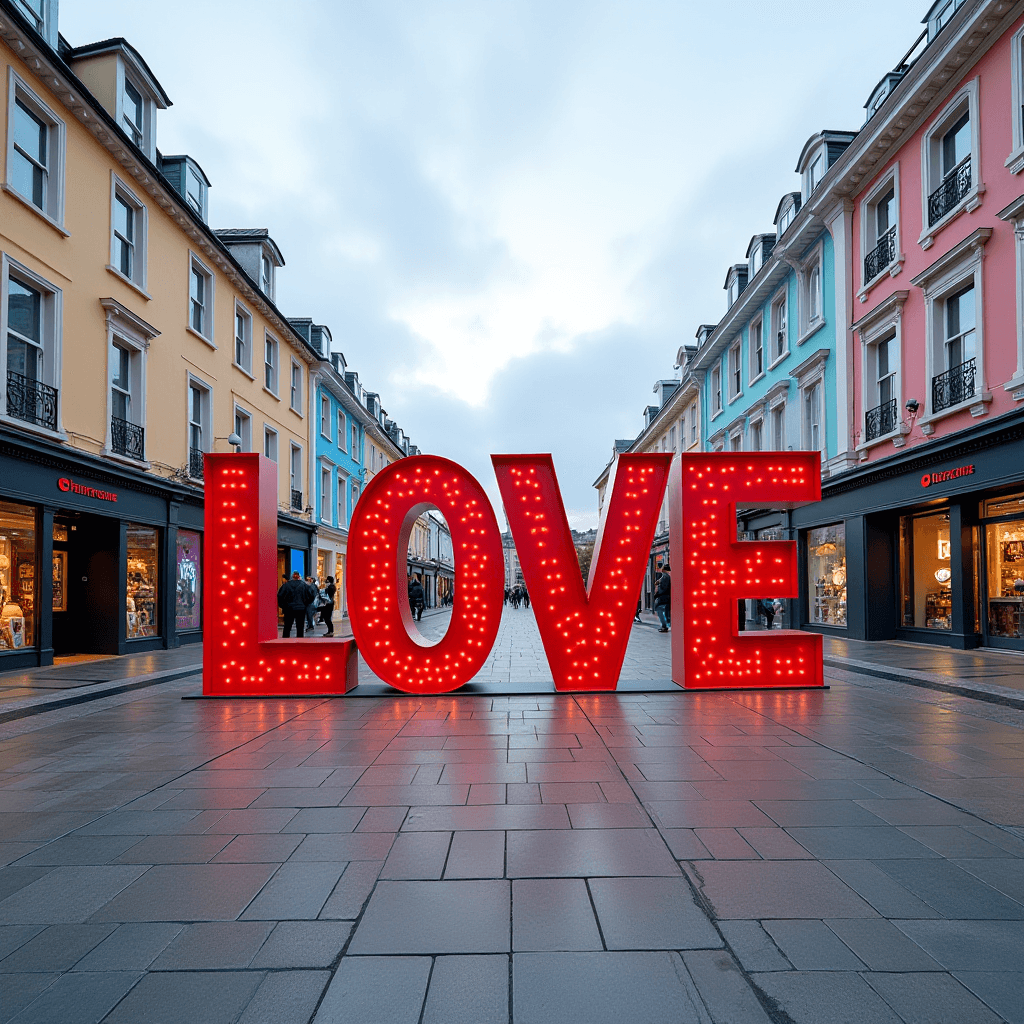 A large red 'LOVE' sign stands in the middle of a vibrant street lined with pastel-colored buildings.