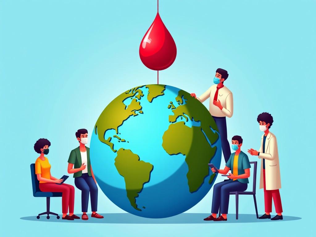 The image is a vibrant illustration featuring a central globe with a focus on Europe and Africa. Surrounding the globe are various people engaging in activities related to health and blood donation. On the right, individuals are sitting by a blood donation station. On the left, people wear masks and are involved in medical discussions or donating blood. A large blood droplet is depicted above the globe, symbolizing the theme of blood donation. The background is predominantly blue, emphasizing a clean and hopeful atmosphere.