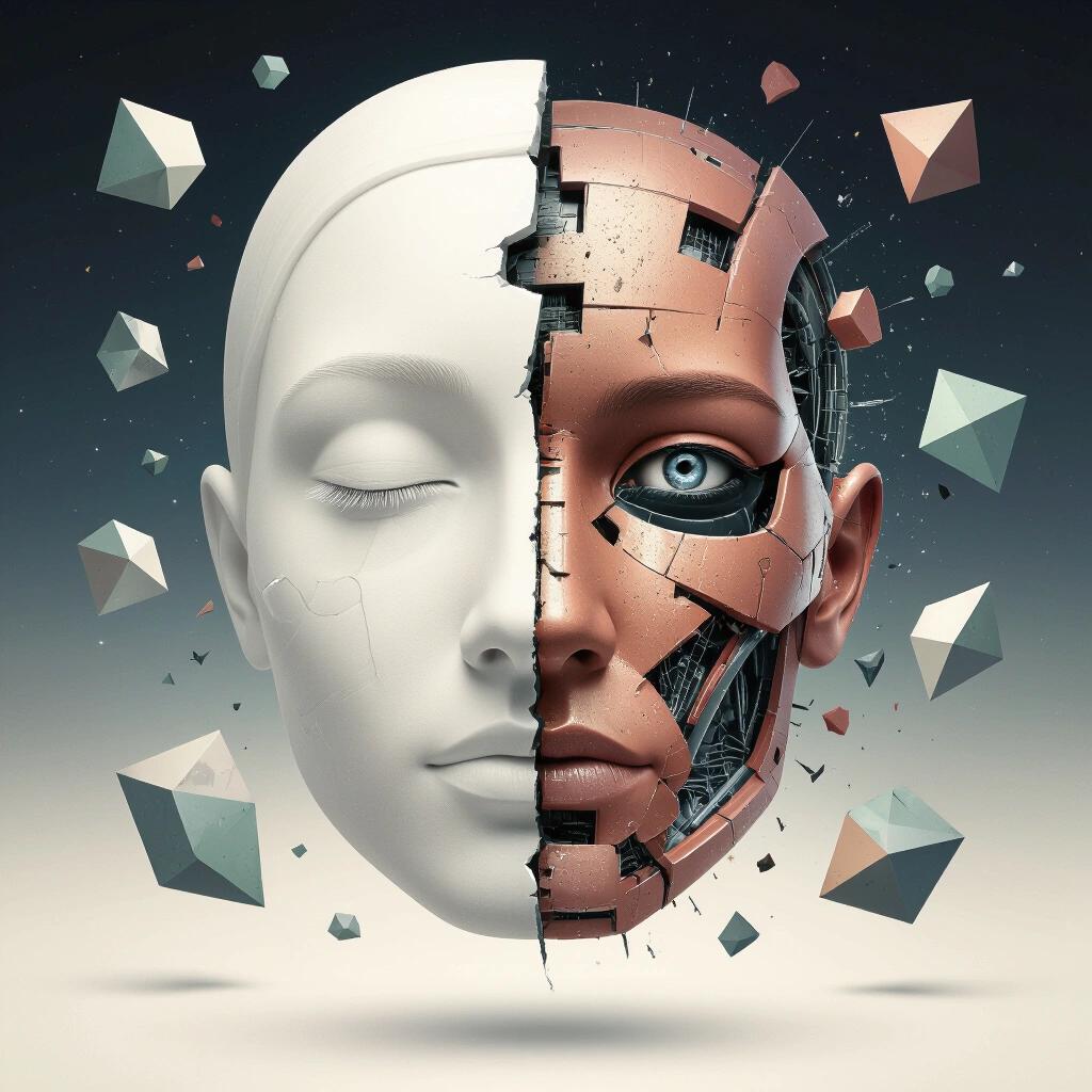 A face split in half. One side appears organic and serene. The other side is mechanical and shattered. The background is a dark void. Surrounded by surreal geometric shapes.