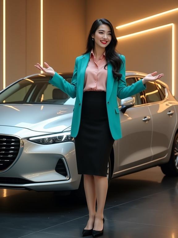 Full-body photorealistic image inside a car showroom with beige walls and LED lights. A glamorous Chinese saleswoman stands next to a silver estate car. She wears a turquoise blazer over a pink blouse and black skirt, paired with black heels. Long black hair cascades over her shoulders. A stylish and luxurious atmosphere is created with perfect lighting.