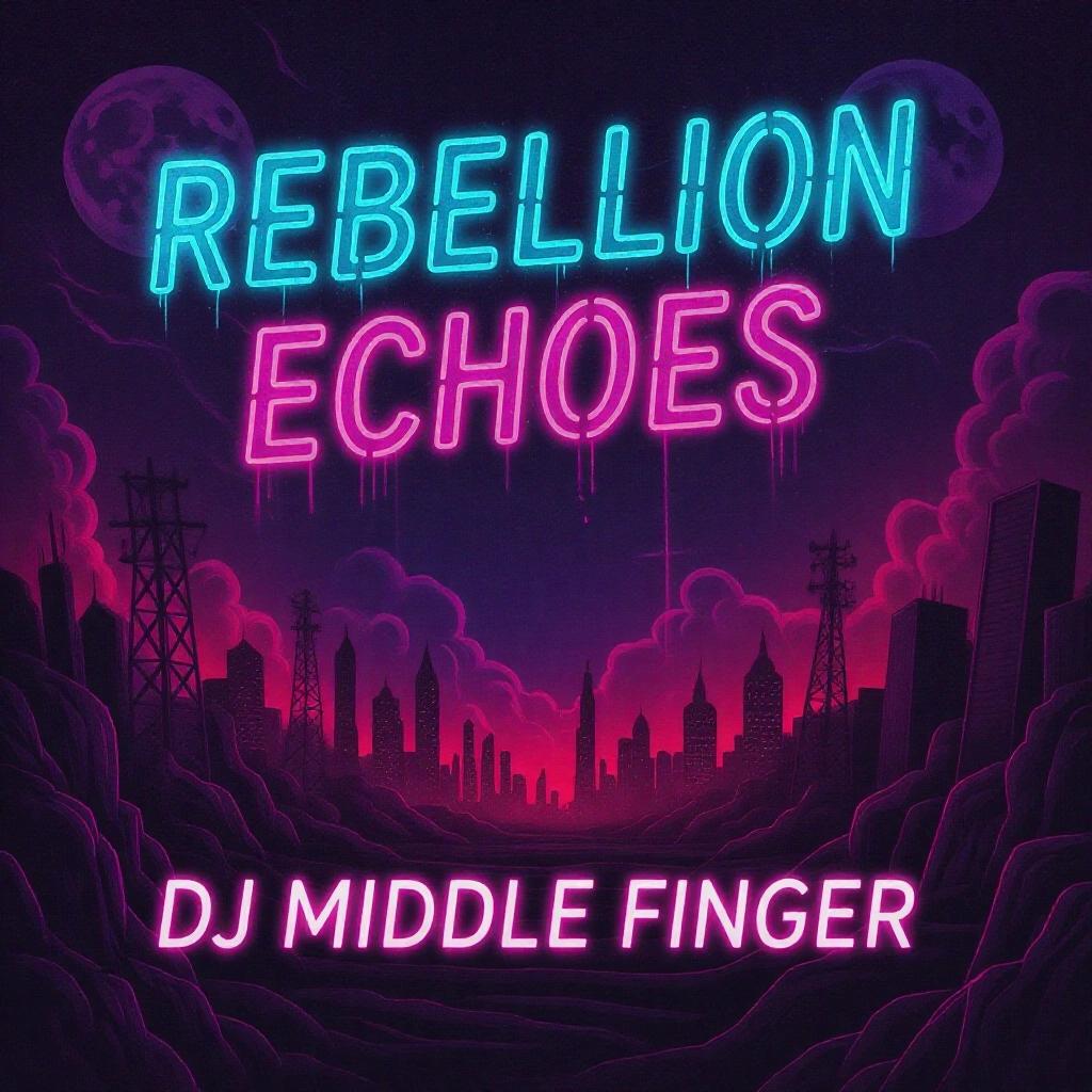 A dark artistic neon hellscape serves as the background. The text 'Rebellion Echoes' is prominently displayed in bright neon letters. Below it is 'DJ Middle Finger' in a complementary style. The overall theme is edgy and vibrant, capturing a hip hop essence.
