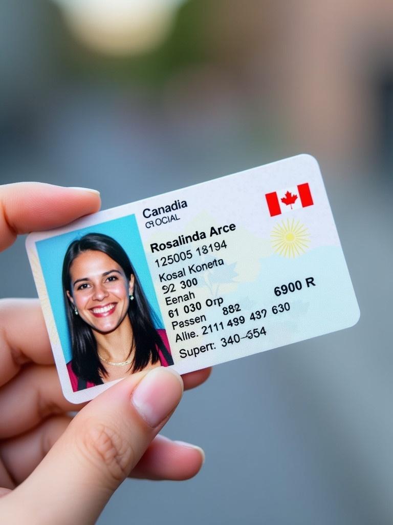 Image depicts a Canadian driver license card. Card displays the driver's name Rosalinda Arce and personal details. Professional design intended for identity verification. Reflects standard graphic elements of Canadian identification.