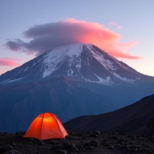 Kilimanjaro mountain with a sunset backdrop. Pink clouds around the summit and an orange tent on a rocky plateau. Glacial recession visible near the snow peak.