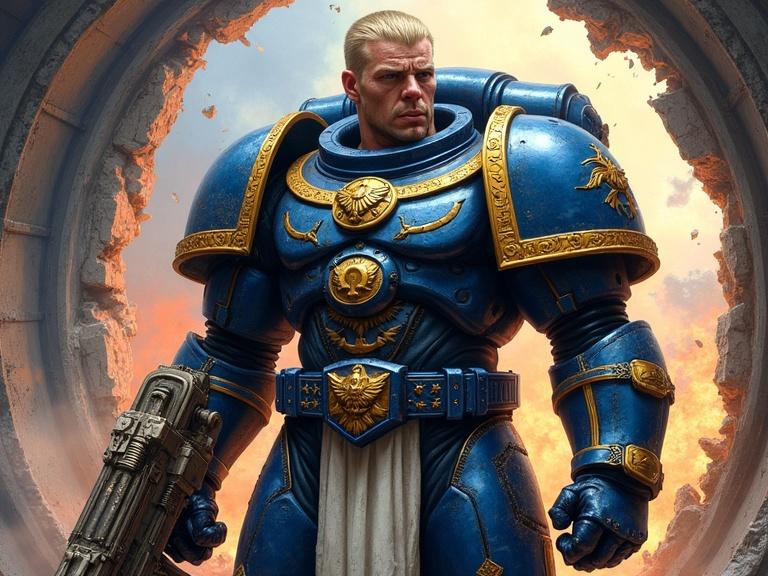 Detailed colored pencil sketch of a statue-like warrior from Warhammer 40000. He stands tall in ornate blue power armor with gold features. The armor shows battle damage. He holds a bolter weapon and has a powerful stance. Detailed facial features with grime and blood. Background shows a wrecked command bridge with burning planet outside. Dramatic lighting creates intense atmosphere.