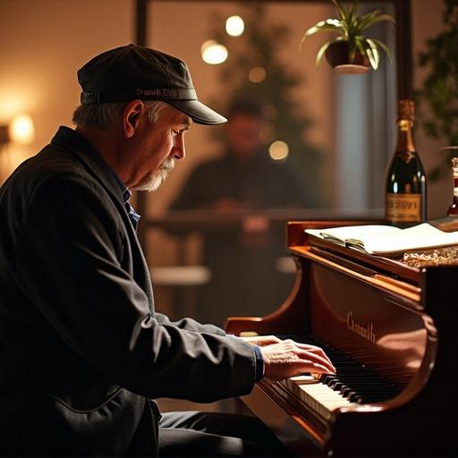 A man playing piano in a cozy, intimate setting. Soft lighting creates an inviting atmosphere. A bottle of champagne is in the background. A plant adds a touch of greenery.