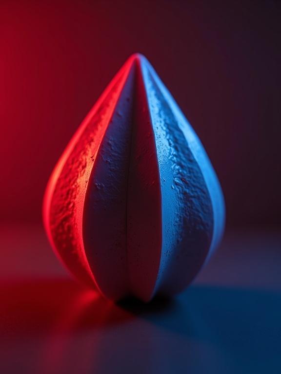 A geometric object with sharp edges. The object has layered appearance. Colors shift rapidly between red and blue. Each hue shift leaves a ghosting outline. Lighting enhances the textures.