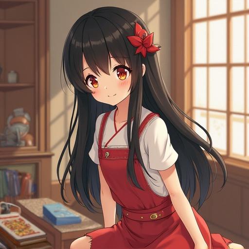 A Japanese girl with a pensive expression. She has black hair tied back. She wears a red dress. The background includes wooden furniture.