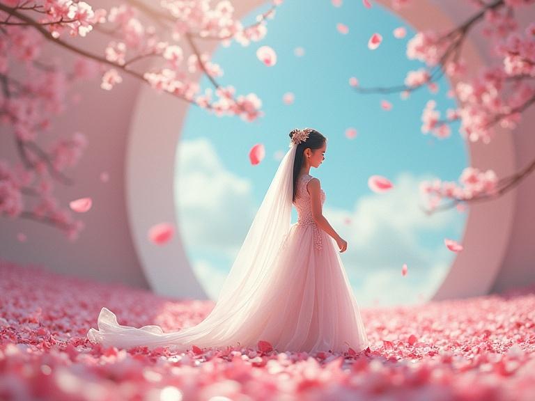 A tiny woman in a bridal costume walks across cherry blossom petals toward an oversized hair studio. Hair studio's glasses reflect serene skies. Petals fly as if in wind, drifting around her figure.