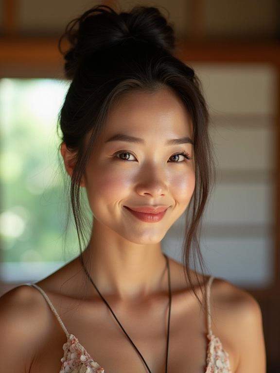 Image captures a Japanese housewife with an updo hairstyle and a flirty expression. The setting appears warm and natural with soft lighting. The subject’s outfit highlights her neckline and arms. The photo has a vintage aesthetic with bright colors and a low-resolution quality.
