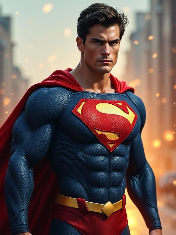 A powerful superhero figure in a classic costume. Strong muscular build. Standing tall against a city backdrop. Dramatic lighting enhances the heroic pose.