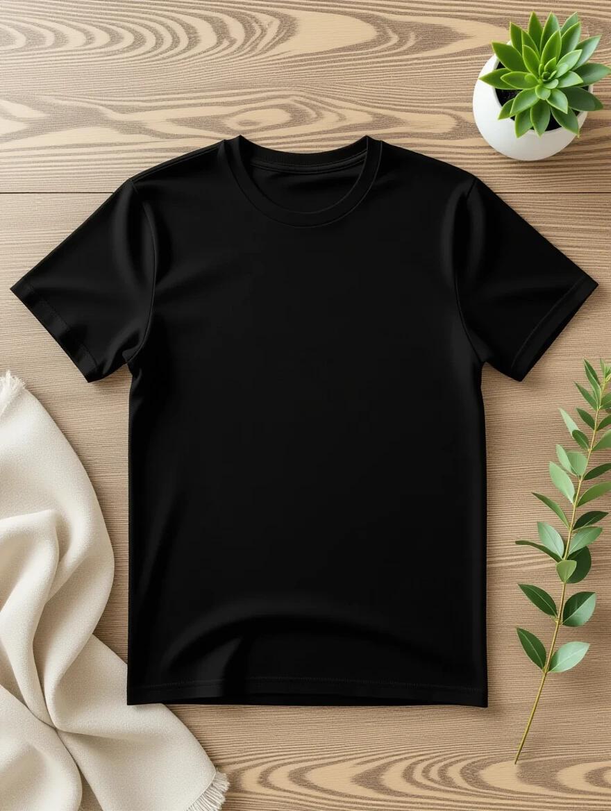 Top-down view of a plain black unisex T-shirt on a wooden background. Soft linen is placed nearby and a small plant is included in the composition. The T-shirt has no design and features a realistic cotton texture. Soft shadows are visible, with a neutral minimal environment. The T-shirt is free of wrinkles or folds in the chest area.