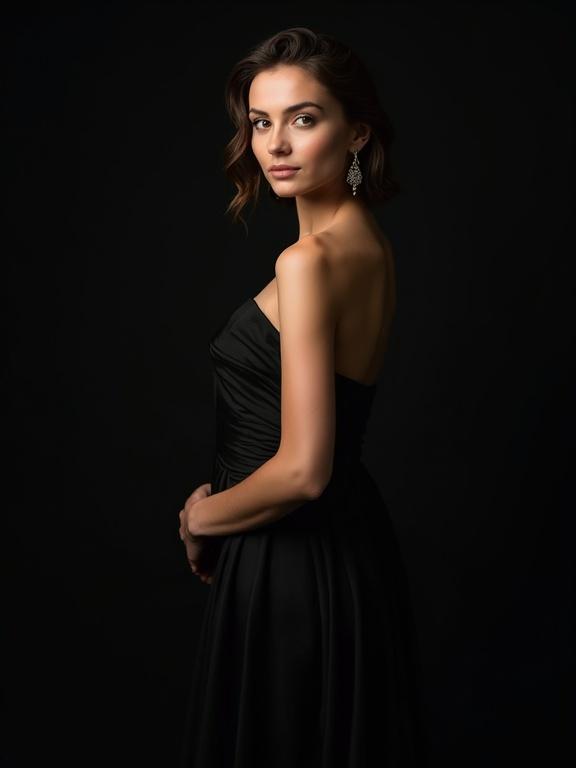 Classic studio portrait of supermodel woman in evening gown against dark backdrop. Timeless sophisticated look realistic photography.