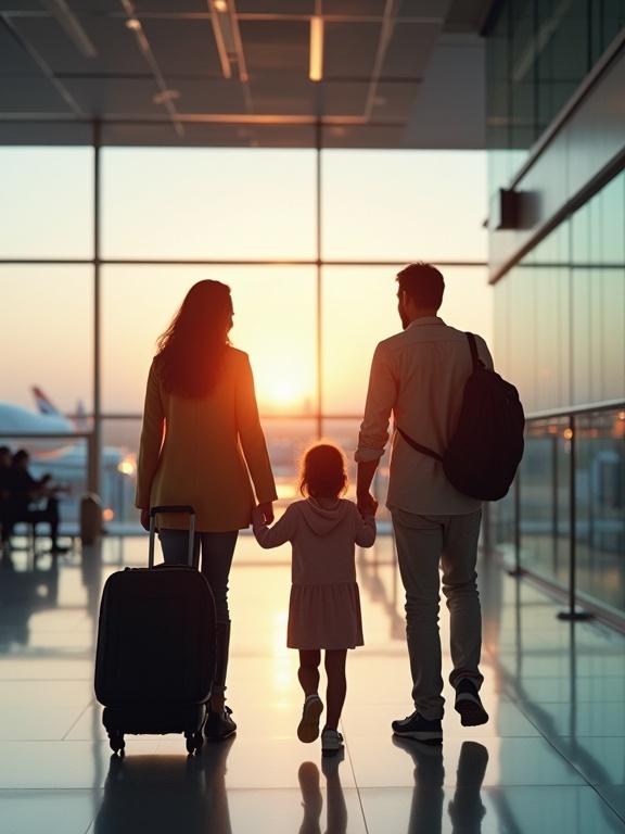 Family at airport during sunset. Parents and child holding hands. Silhouetted against the glass windows. Travel essence. Emotional reunion.