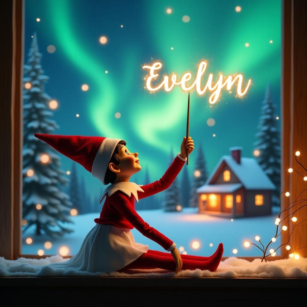 An elf on the shelf, dressed in a medium-long white skirt, sits with its back to the viewer, looking up in wonder. It holds a glowing wand that creates sparkling trails of light. The scene features a beautiful Christmas backdrop with vibrant northern lights dancing in the sky. A cozy, festive house sits in the distance, giving a warm ambiance, while snow blankets the ground. The elf is playfully positioned, embodying the enchanting spirit of the holiday season, and the name 'Evelyn' is magically written in the air by the wand. This composition captures the essence of joy and magic during Christmas time.