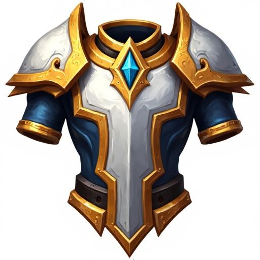 Icon of a legendary breastplate featuring gold and white with blue black and pink accents