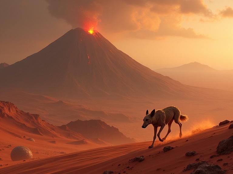 Image depicts a fantasy landscape on a desert planet. A six-legged wild dog runs on reddish sand dunes. The background features a tall pointed mountain range and an erupting volcano with lava pouring down its slopes.