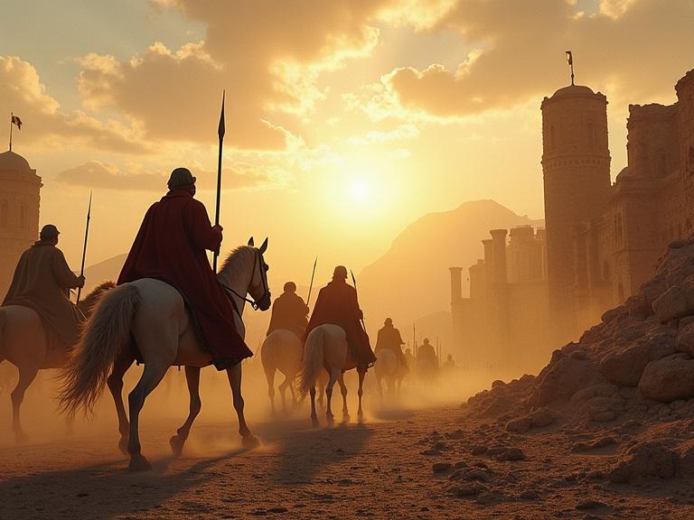 Riders on horseback journeying through ruins at sunset. Dusty terrain with distant mountains. Warm golden hues indicate late afternoon.