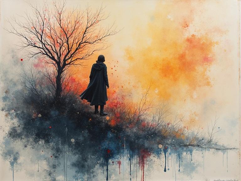 A silhouetted figure stands on a cliff against a vibrant background of orange and blue. The scene has a dreamlike quality, illustrating a connection to nature. Abstract colors blend in the sky, creating an emotional atmosphere.