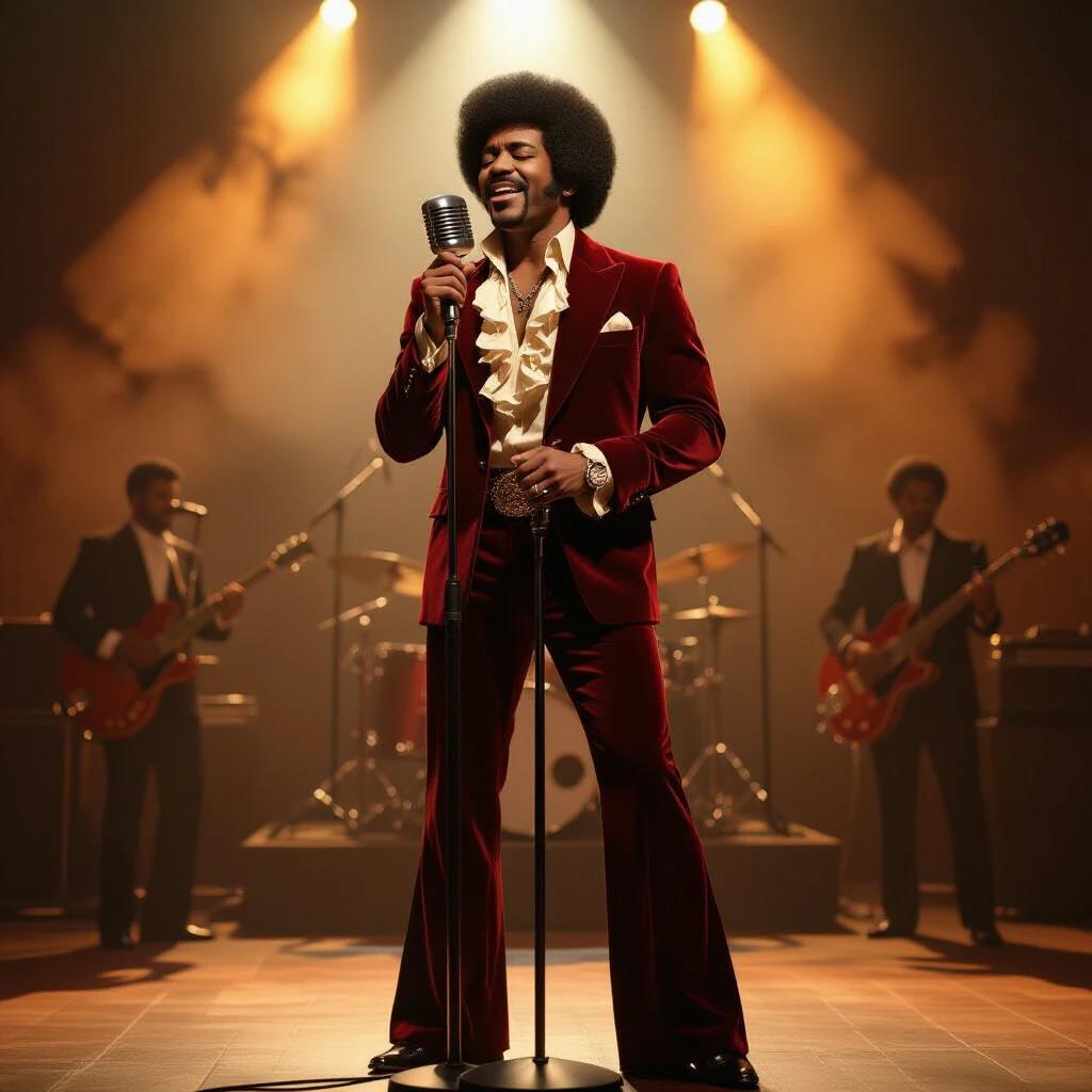 Male singer performs passionately on stage. Holds a vintage microphone. Wears a dark red velvet blazer and wide lapels. Styled with a ruffled cream shirt and high-waisted bell-bottom trousers. The background features warm golden lights and a smoky ambiance. Live band in silhouette behind him. Ultra-realistic artistic style with cinematic lighting.