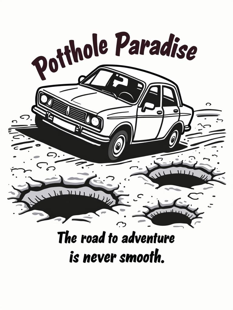 Design showing a car driving over smiling potholes. Caption reads Pothole Paradise: The road to adventure is never smooth. Suitable for T-shirt design. White background, vector graphic.