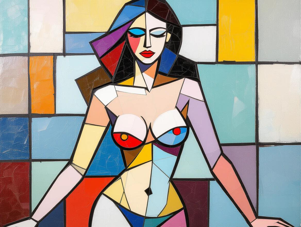 A mosaic artwork featuring an abstract representation of a nude woman in a unique style. The artwork combines elements of Mondrian and Dadaism using colorful ceramic tiles and glass to create a vibrant and ethereal composition.