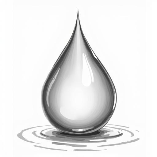 Stylized wide water droplet design with smooth curves. Continuous mass reflecting purity. Black and white illustration filling most of the frame. Recognizable shape symbolizing natural elements.