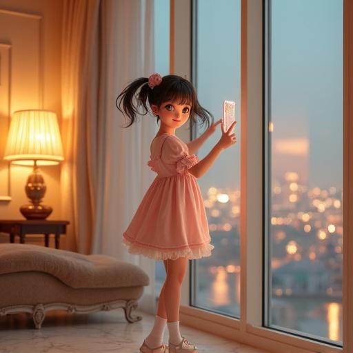 A young girl poses playfully in a luxury hotel room. She wears a pastel dress with frills and holds a smartphone. The large window shows city lights. Soft light from lamps illuminates the space. The scene captures modern elegance and charm.