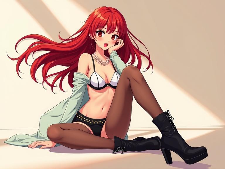 Static anime-style charming woman with flowing red hair poses while sitting with open legs. She looks at the viewer and wears jewelry with panties and high-heeled boots. The background features stylized geometric shapes.