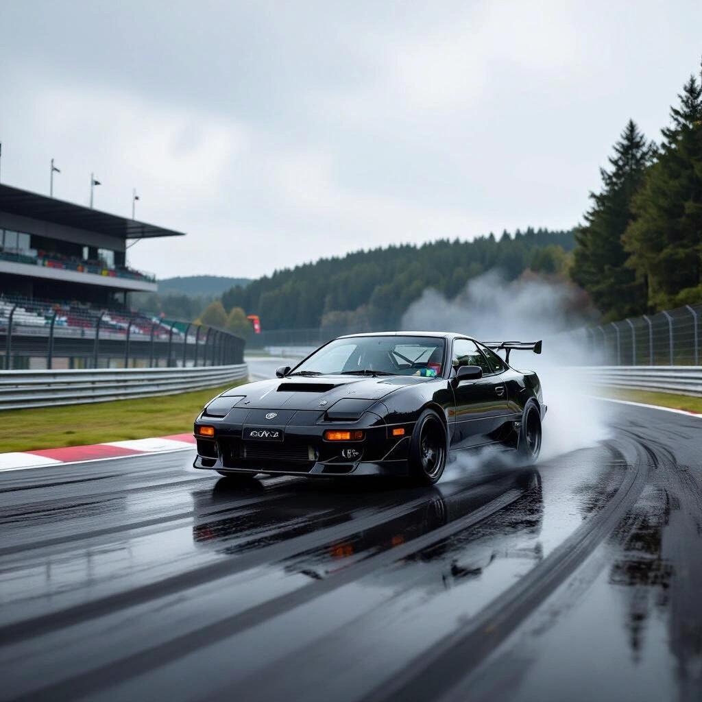 Toyota Celica racing on the Nurburgring. The car is drifting on a wet track. Smoke rises from the tires as it leaves a trail of moisture. A dynamic scene on a famous racing circuit.