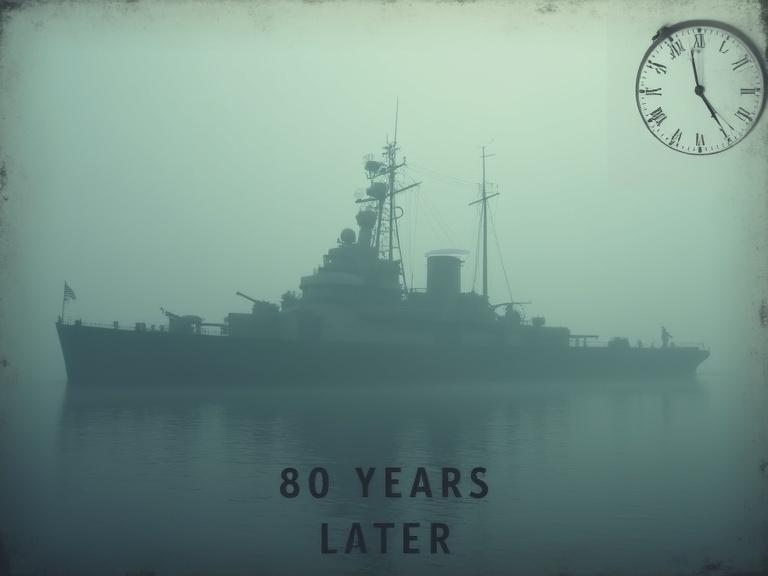 Foggy archival photo style featuring silhouette of a navy warship fading into mist with overlay of ticking clock. Text displays '80 years later'. Image evokes a vintage mystery atmosphere with grayscale and slight blue tone.