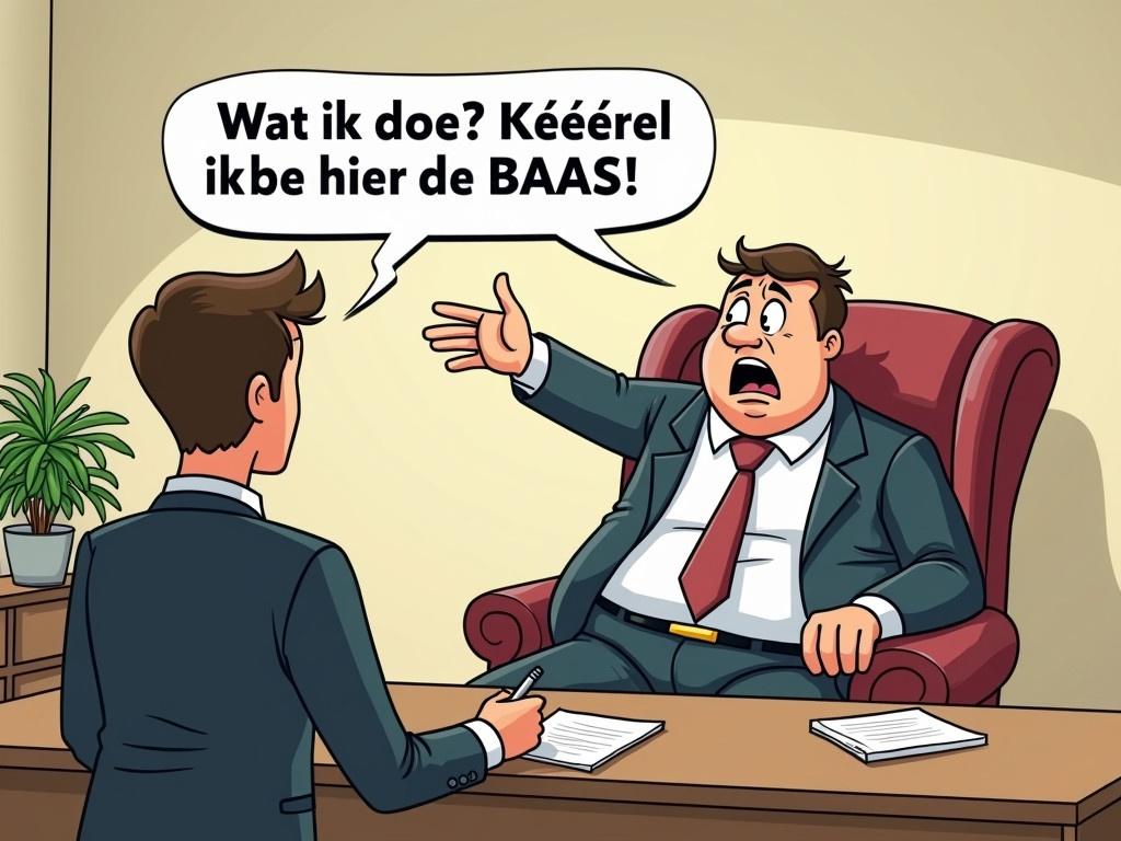 The image is a cartoon style illustration set in an office. A large, portly man in a suit sits confidently in a big, plush armchair behind a desk. He looks frustrated and is animatedly gesturing with one hand raised, expressing his dominance while saying, "Wat ik doe? Kééèrel ik ben hier de BAÁS!" which translates to "What I do? I yell, I am the boss here!" In front of him is a nervous-looking young man in a suit with a notepad and pen in hand, seemingly taking notes. The whole scene conveys a sense of hierarchy in a humorous way, with the boss clearly over-exaggerating his authority.