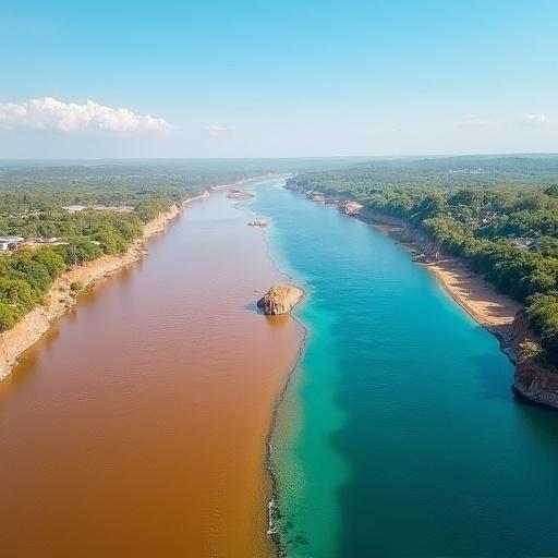 Ultra-realistic wide-angle shot of a massive river with rich brown-orange water on the left and deep clear blue water on the right. The colors visually merge at the center in a soft gradient. The river stretches into the distance under a clear blue sky. Lush greenery lines the riverbanks. Captured in daylight from a drone perspective.