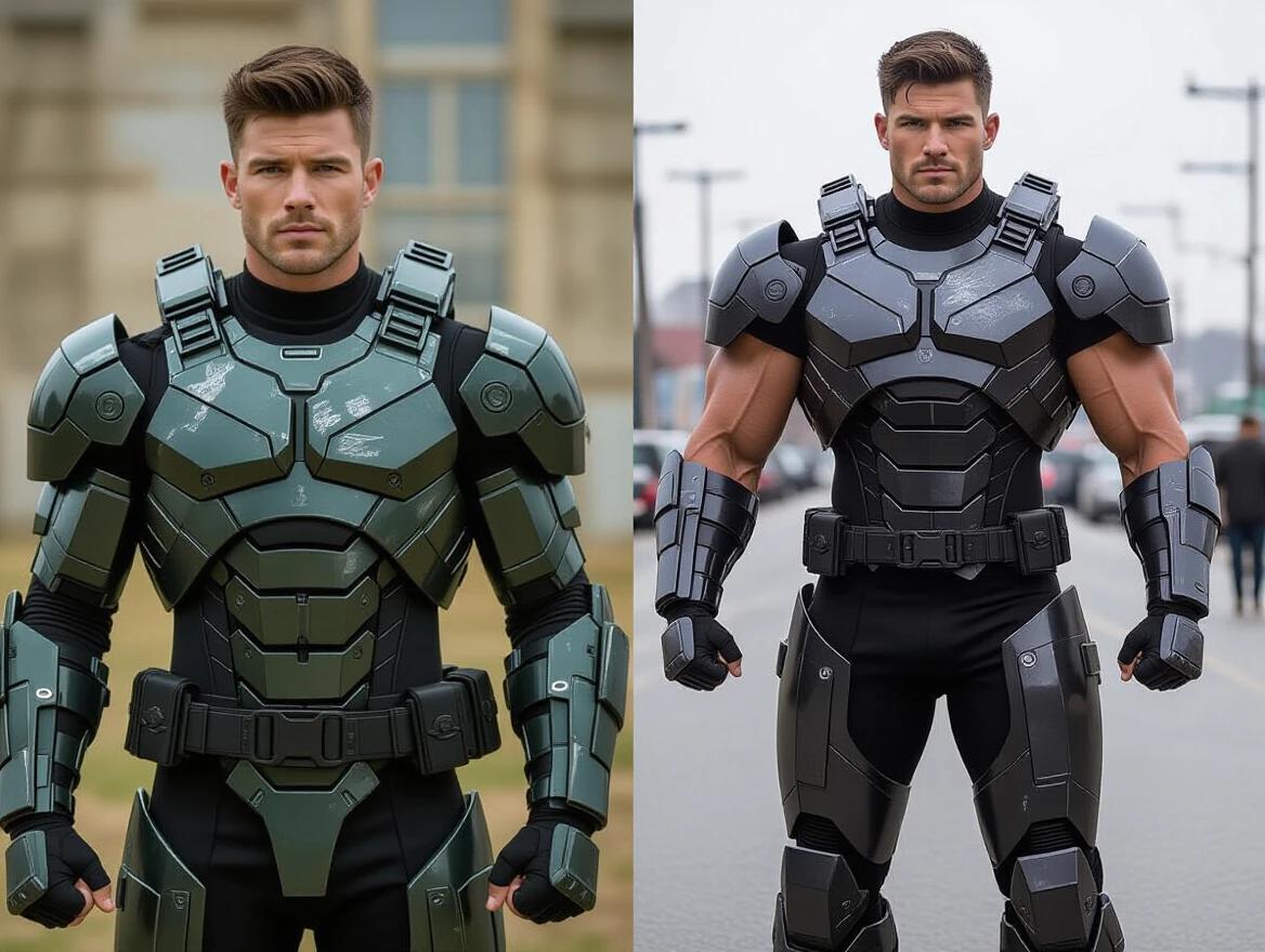 Before and after image showcasing a soldier transformed into an armored cyborg. Depicts innovative futuristic armor with a striking muscular design. Focus on the transformation theme.