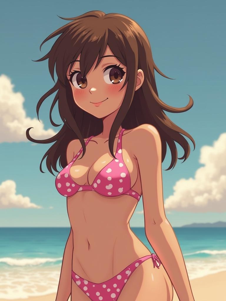 A girl stands on the beach wearing a pink and white polkadot bikini. She has brunette hair and a petite body, with the ocean and sky in the background.