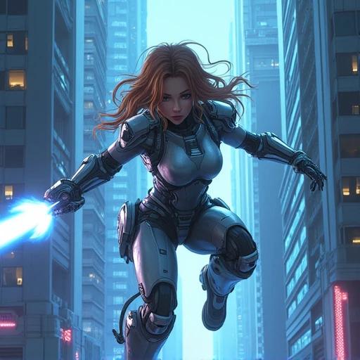 A battle girl is jumping between buildings in a futuristic city. She has a mechanical arm with a glowing effect. Flames spray from her thruster. The city's neon lights reflect on her armor. A laser beam is visible nearby. The focus is on her in the center with the city background. Colors are cold and cool. Lines are sharp creating an exciting atmosphere.