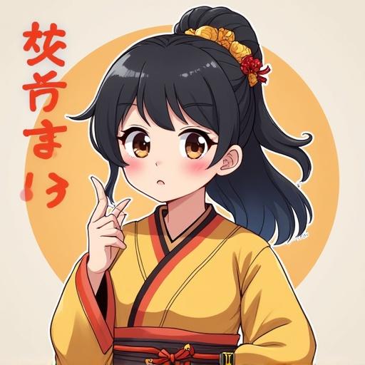 A young girl in traditional Japanese festival attire is gesturing as if giving a speech. She has dark hair styled in loose waves and adorned with flowers. The background is a simple color, enhancing her prominent figure.