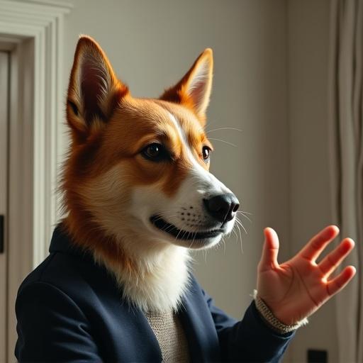 Two by two image showing a human figure with a dog's head. The figure is talking with hand gestures. The angle shows the character from multiple perspectives.